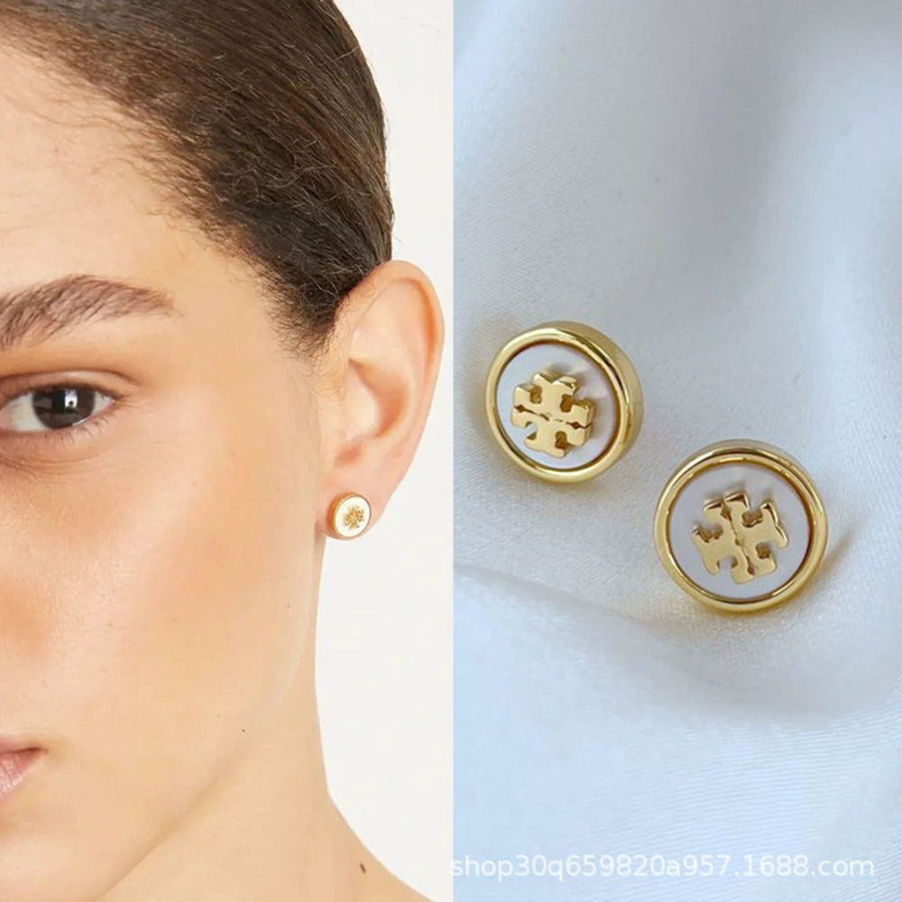 Tory Burch Vintage Gold Plated Double Button Stud Earrings Natural Mother of